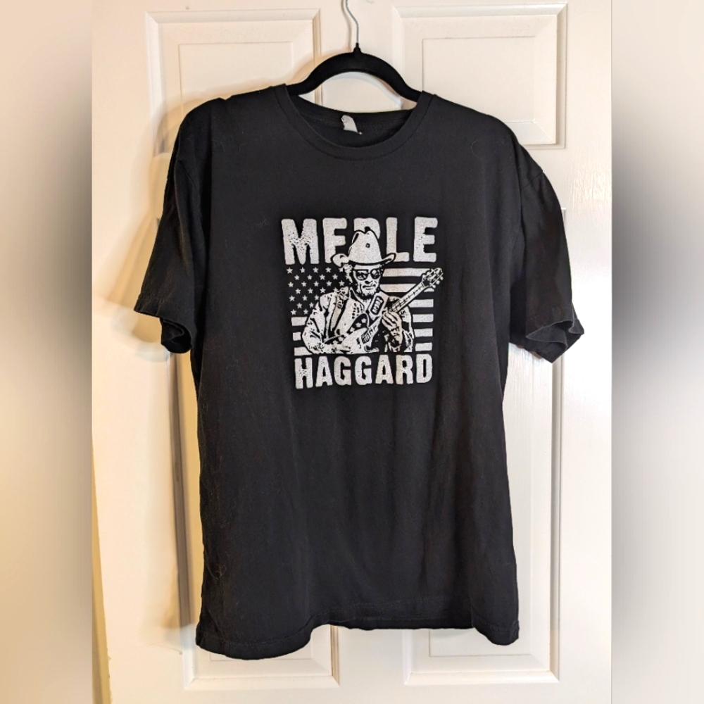 Merle Haggard Graphic Tee Black Country Music USA Flag Guitar Shirt